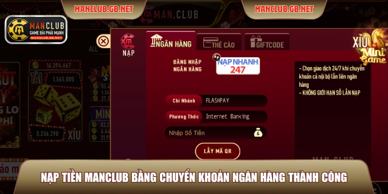 Nạp tiền ManClub bằng chuyển khoản ngân hàng thành công